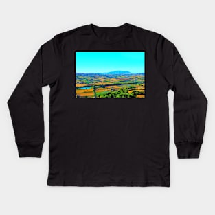 Scene in Montelupone with Marche landscape, various fields, a body of water, human settlement and Monte Conero Kids Long Sleeve T-Shirt